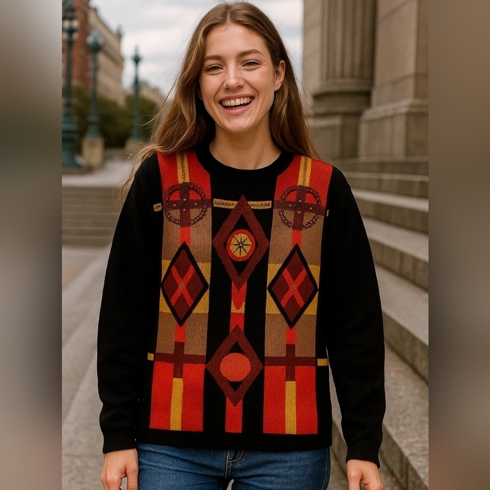 Chunky Knit  Sweater Color Blocks Beaded Embroidery Retro Vibe XL